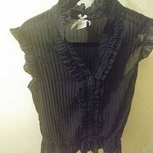 black pleated button down blouse v-neck